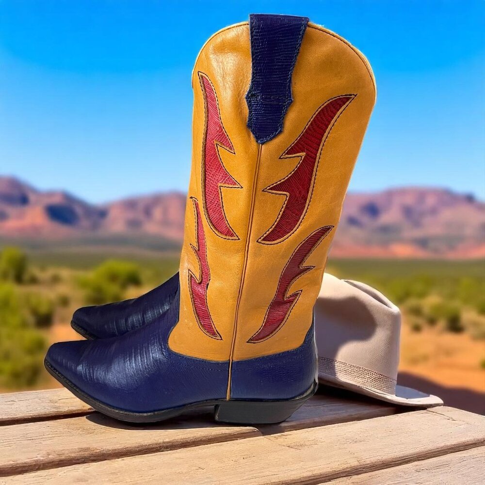 Vintage‎ Hunt Club Cowboy Boots Leather Blue Yellow Western Flame Refurbished 6M
